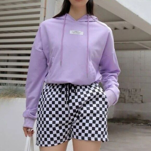 Dazy Purple Letter Words Patched Drawstring Hooded Sweatshirt - Picture 1 of 4